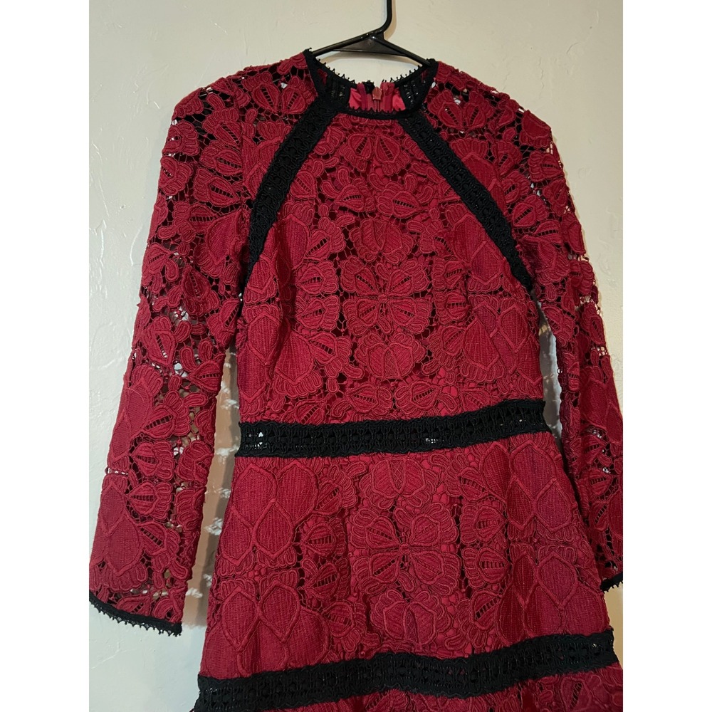 Alexis Khans Dress Burgundy Lace Long Sleeve Tiered Ruffle Mock Neck Cocktail S - Picture 4 of 10